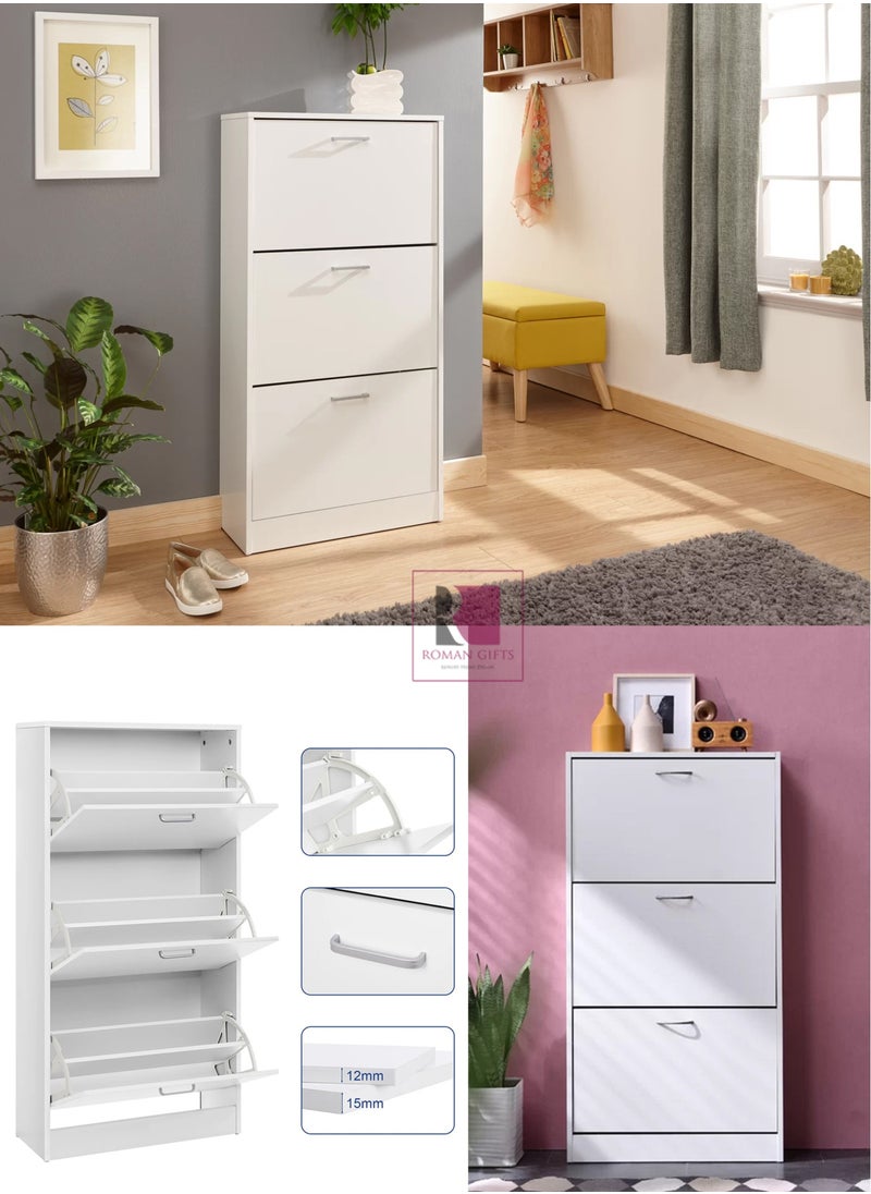 Roman Gifts - 3 Drawer Shoe Cabinet Cupboard Shoe Storage Organiser Pull Down Wooden Furniture Unit - Image 1