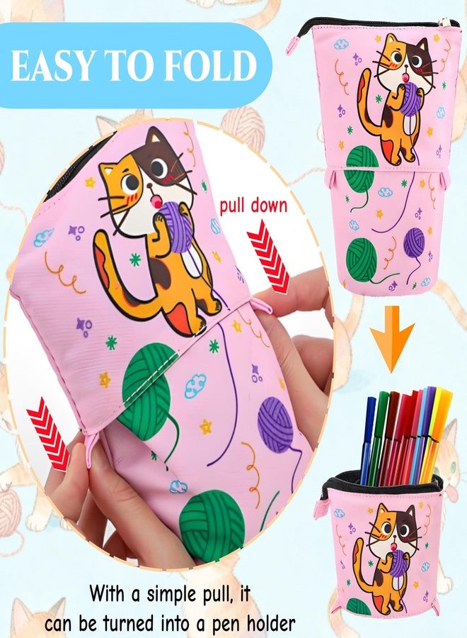 Acshio 4 Pack Standing Pencil Case, Cute Cat Telescopic Pencil Storage Pouch Stationery Case, Portable Stand Up Makeup Bag Pencil Canvas Holder for Office Supplies, Cosmetics, Christmas Gift - Image 4