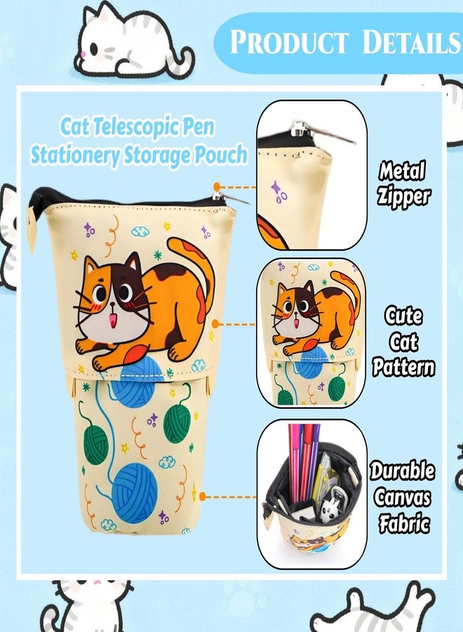 Acshio 4 Pack Standing Pencil Case, Cute Cat Telescopic Pencil Storage Pouch Stationery Case, Portable Stand Up Makeup Bag Pencil Canvas Holder for Office Supplies, Cosmetics, Christmas Gift - Image 3