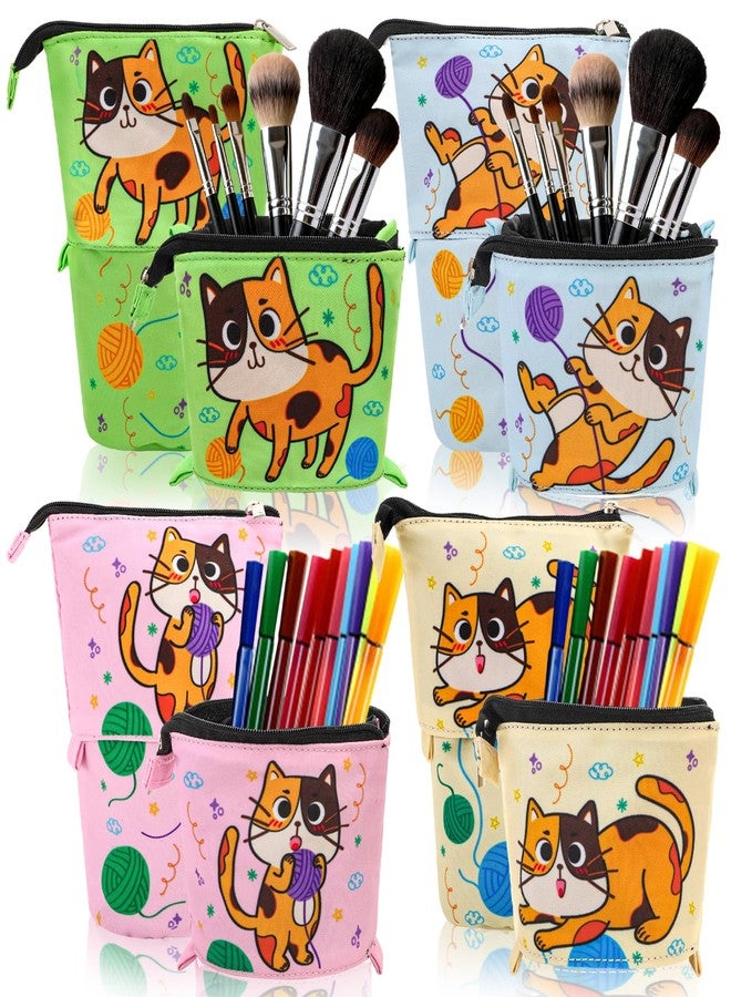 Acshio 4 Pack Standing Pencil Case, Cute Cat Telescopic Pencil Storage Pouch Stationery Case, Portable Stand Up Makeup Bag Pencil Canvas Holder for Office Supplies, Cosmetics, Christmas Gift - Image 1
