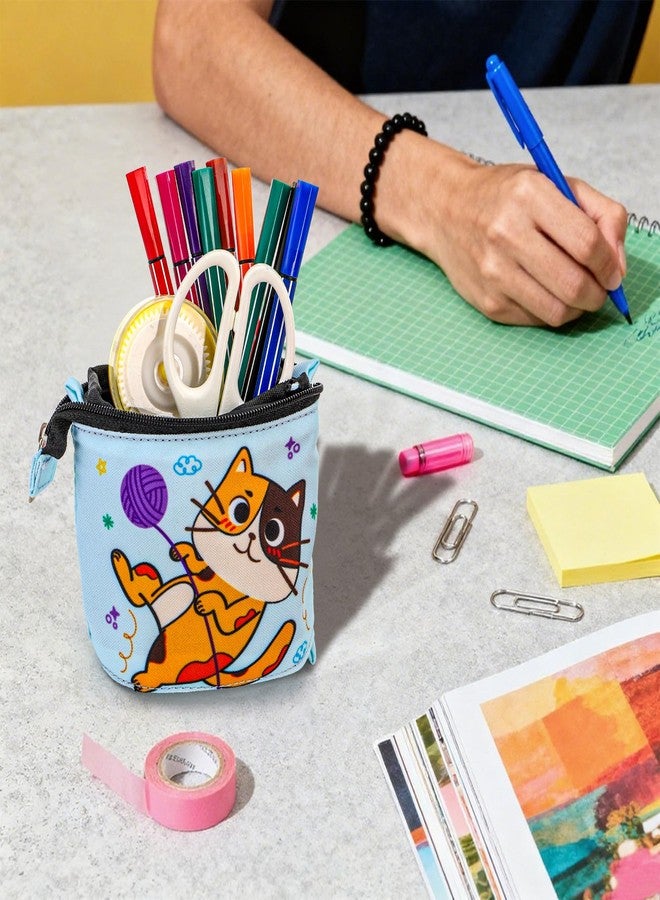 Acshio 4 Pack Standing Pencil Case, Cute Cat Telescopic Pencil Storage Pouch Stationery Case, Portable Stand Up Makeup Bag Pencil Canvas Holder for Office Supplies, Cosmetics, Christmas Gift - Image 5