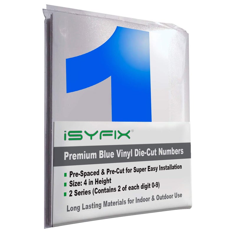 iSYFIX Blue Vinyl Numbers Stickers â€“ 4 Inch Self Adhesive (2 Sets)- Premium Decal Die Cut and Pre-Spaced for Mailbox, Signs, Window, Door, Cars, Trucks, Homes, Address Numbers, Indoor or Outdoor - Image 1