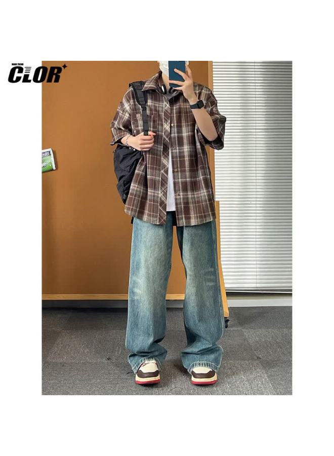 Clor American Casual Retro Loose Shirt, Spring And Summer Style, Plaid Trendy Short-sleeve Jacket, Clcx06, Coffee Color, 2XL - Image 5