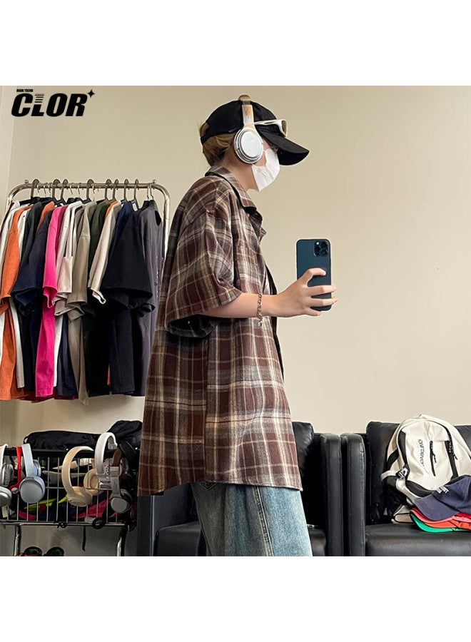 Clor American Casual Retro Loose Shirt, Spring And Summer Style, Plaid Trendy Short-sleeve Jacket, Clcx06, Coffee Color, 2XL - Image 2