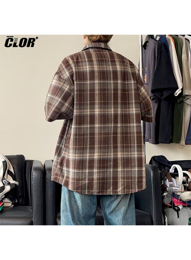 Clor American Casual Retro Loose Shirt, Spring And Summer Style, Plaid Trendy Short-sleeve Jacket, Clcx06, Coffee Color, 2XL - Image 3