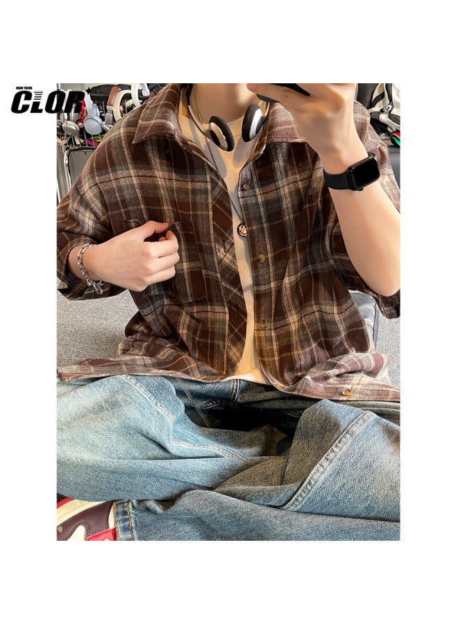 Clor American Casual Retro Loose Shirt, Spring And Summer Style, Plaid Trendy Short-sleeve Jacket, Clcx06, Coffee Color, 2XL - Image 4