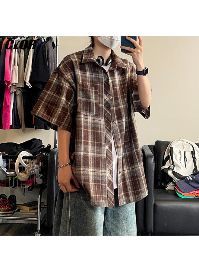 Clor American Casual Retro Loose Shirt, Spring And Summer Style, Plaid Trendy Short-sleeve Jacket, Clcx06, Coffee Color, 2XL - Image 1