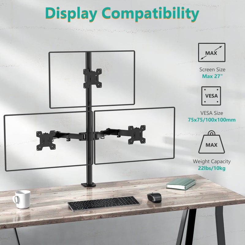 WALI Triple Monitor Mount for 13-27 inch Computer Screens, 3 Monitor Desk Mount, Holds up to 22 lbs, Adjustable Triple Monitors Stand with Swivel Tilt Rotation, 75x75/100x100mm (M003), Black - Image 3