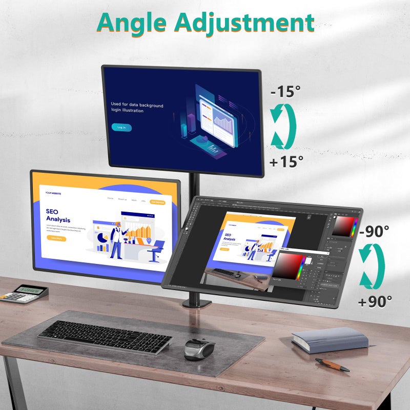 WALI Triple Monitor Mount for 13-27 inch Computer Screens, 3 Monitor Desk Mount, Holds up to 22 lbs, Adjustable Triple Monitors Stand with Swivel Tilt Rotation, 75x75/100x100mm (M003), Black - Image 4