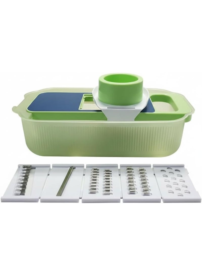 مجموعة مبشرة ومقطعة خضراوات متعددة الاستخدامات 5 في 1 بشفرات قابلة للتبديل من الفولاذ المقاوم للصدأ مع حامل أمان وحاوية تخزين - قطاعة طعام يدوية للخضراوات والفواكه والجبن وغيرها - Image 1