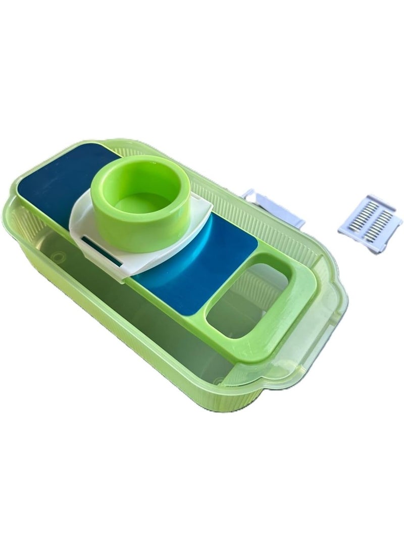 مجموعة مبشرة ومقطعة خضراوات متعددة الاستخدامات 5 في 1 بشفرات قابلة للتبديل من الفولاذ المقاوم للصدأ مع حامل أمان وحاوية تخزين - قطاعة طعام يدوية للخضراوات والفواكه والجبن وغيرها - Image 2