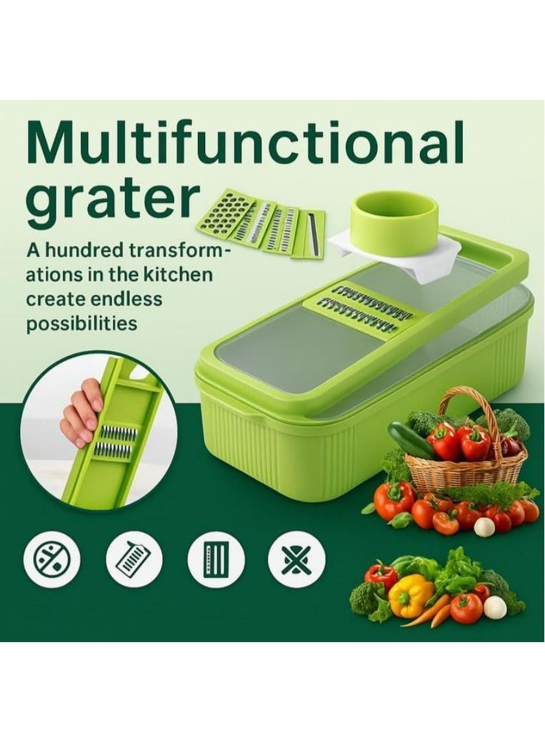 مجموعة مبشرة ومقطعة خضراوات متعددة الاستخدامات 5 في 1 بشفرات قابلة للتبديل من الفولاذ المقاوم للصدأ مع حامل أمان وحاوية تخزين - قطاعة طعام يدوية للخضراوات والفواكه والجبن وغيرها - Image 3