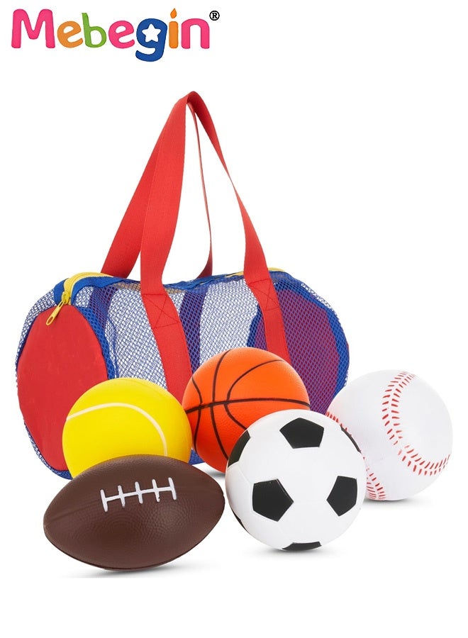 MEBEGIN 5PCS Foam Balls Set with Mesh Bag, Complete Ball Toys Set with Soccer, Basketball, Football, Baseball, and Tennis, Soft Indoor and Outdoor Toys, Ideal Gift for Kids - Image 1