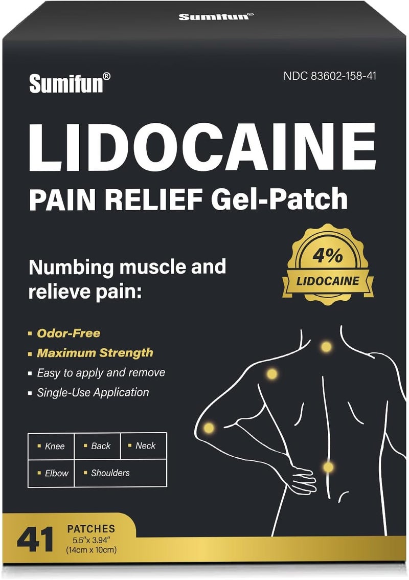 Sumifun Lidocaine Patches Maximum Strength 4 Lidocaine Pain Relief Patches for Back Neck Knee and Shoulders  Large Size and Long Lasting  Soothes Nerves Joints and Injuries large Count 41 - Image 1