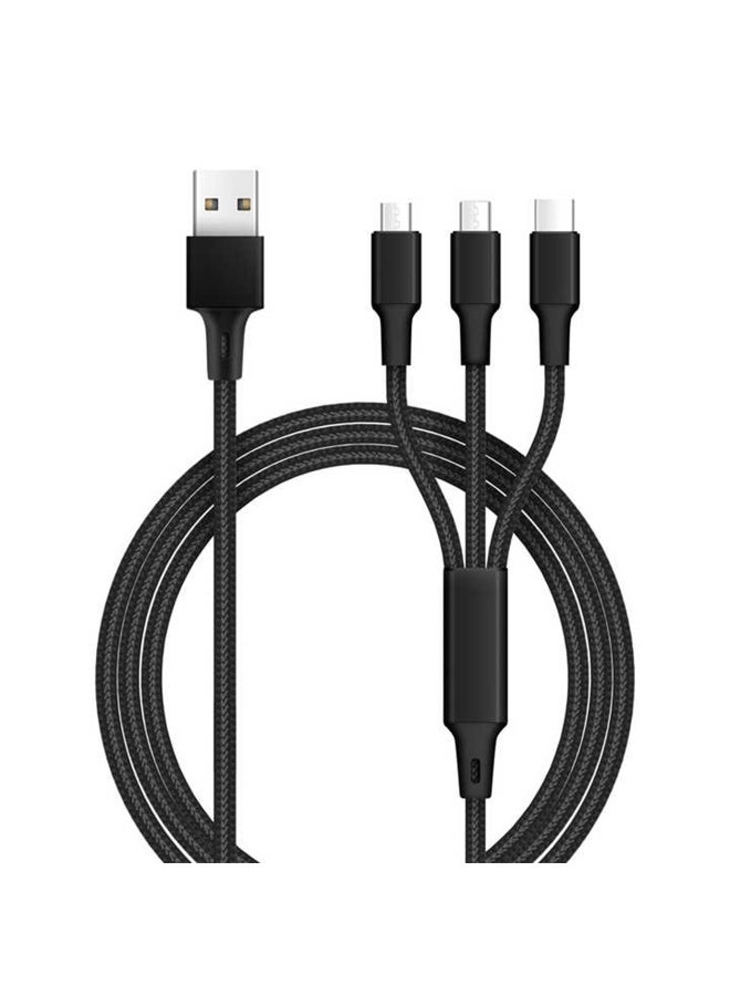 3 in 1 USB Fast Car Charging Cable With Multiple Ports - Universal Unbreakable Cord for Mobile Devices - USB C/Micro/IOS Connector (Black)