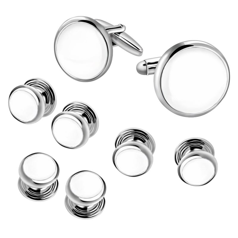 IPINK-Mens Cufflinks and Studs Set Tuxedo Formal Kit Shirts Business Wedding (White) - Image 4