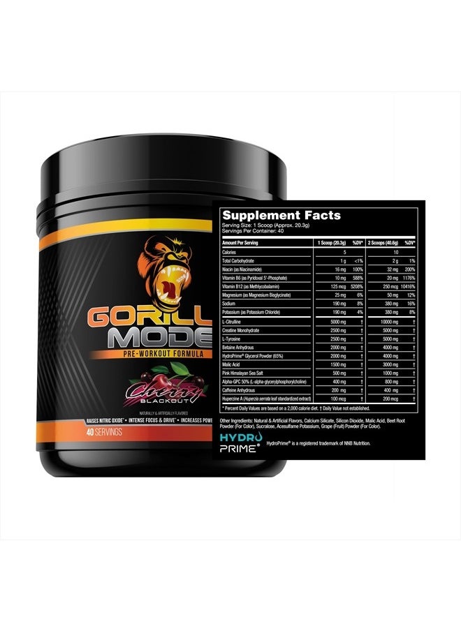 Gorilla Mind - Gorilla Mode Pre Workout - Massive Pumps · Laser Focus · Energy · Power - L-Citrulline, Creatine, L-Tyrosine, Betaine, Hydroprime®, Alpha-GPC, 400mg Caffeine, Huperzine A - 812g (Cherry) - Image 1