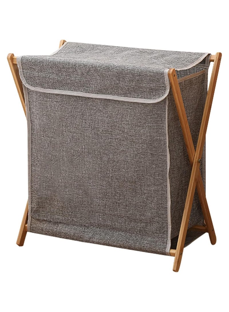 Bamboo Laundry Basket Folding Clothes Basket Clothes Basket Bucket, Storage Basket Dirty Clothes Basket with Removable Lining Bag Bathroom Laundry Organizer (with Lid Grey) - Image 1