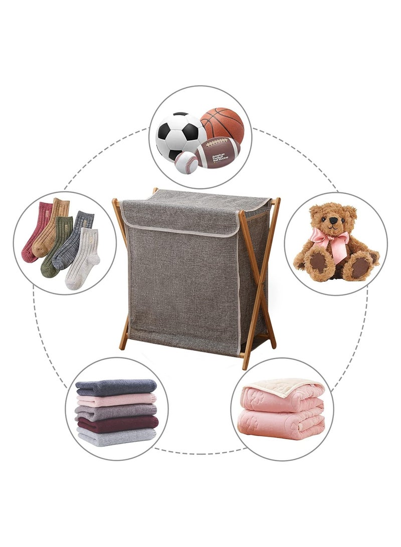 Bamboo Laundry Basket Folding Clothes Basket Clothes Basket Bucket, Storage Basket Dirty Clothes Basket with Removable Lining Bag Bathroom Laundry Organizer (with Lid Grey) - Image 5