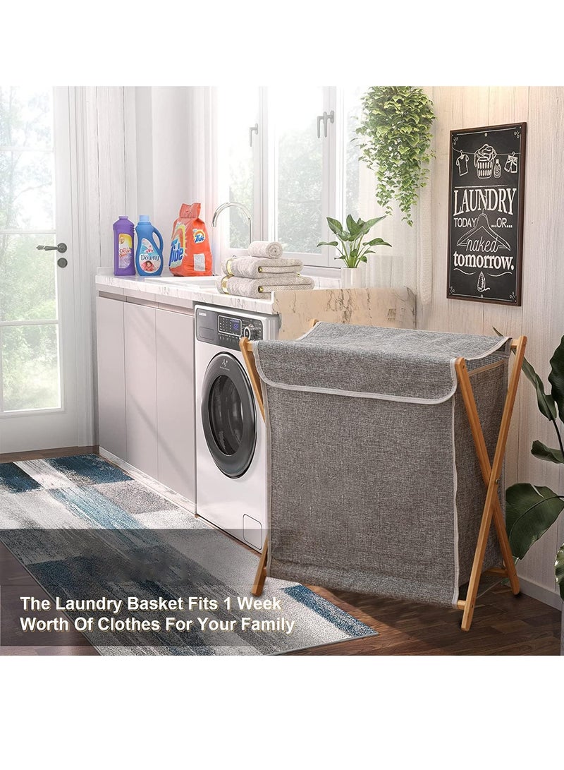 Bamboo Laundry Basket Folding Clothes Basket Clothes Basket Bucket, Storage Basket Dirty Clothes Basket with Removable Lining Bag Bathroom Laundry Organizer (with Lid Grey) - Image 2