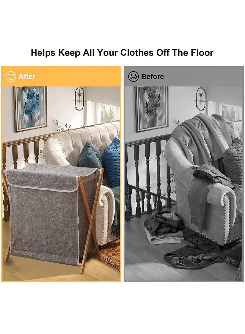 Bamboo Laundry Basket Folding Clothes Basket Clothes Basket Bucket, Storage Basket Dirty Clothes Basket with Removable Lining Bag Bathroom Laundry Organizer (with Lid Grey) - Image 4