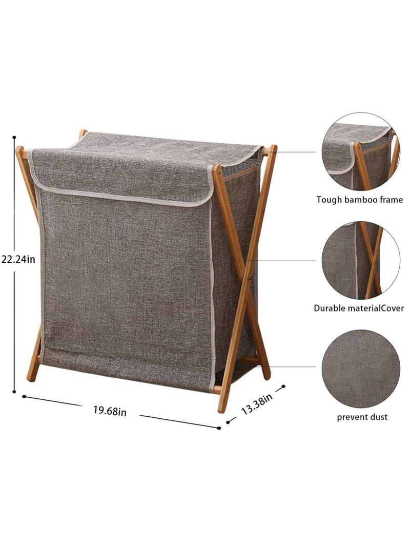 Bamboo Laundry Basket Folding Clothes Basket Clothes Basket Bucket, Storage Basket Dirty Clothes Basket with Removable Lining Bag Bathroom Laundry Organizer (with Lid Grey) - Image 3