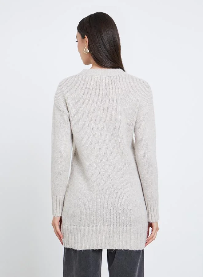 Styli  Grey Regular Fit Longline Knit Sweater for Women | Best Price UAE