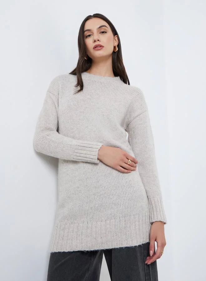 Styli  Grey Regular Fit Longline Knit Sweater for Women | Best Price UAE