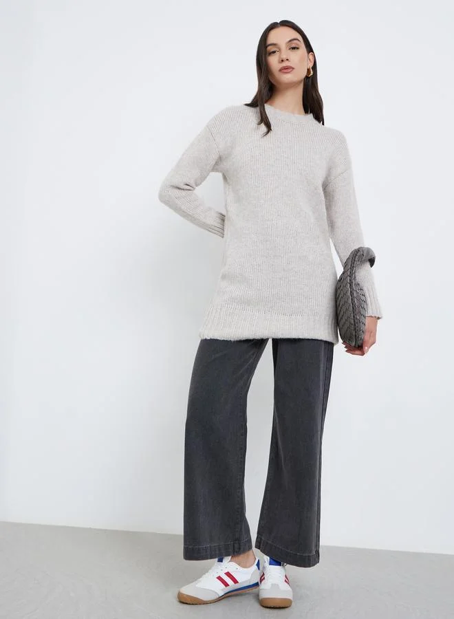 Grey Regular Fit Longline Knit Sweater