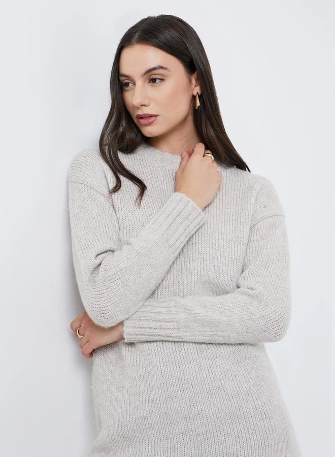 Styli  Grey Regular Fit Longline Knit Sweater for Women | Best Price UAE