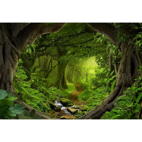Leowefowa 7x5ft Jungle Forest Backdrop Spring Enchanted Forest Dreamland Dirt Road Background for Photography Lush Woods Kids Adults Shoot Studio Props Wild One VBS Jungle Safari Bday Party Banner - Image 1
