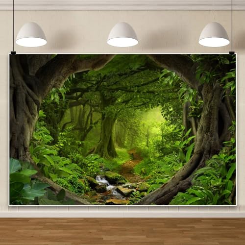 Leowefowa 7x5ft Jungle Forest Backdrop Spring Enchanted Forest Dreamland Dirt Road Background for Photography Lush Woods Kids Adults Shoot Studio Props Wild One VBS Jungle Safari Bday Party Banner - Image 5