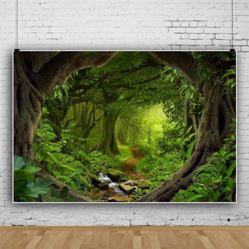 Leowefowa 7x5ft Jungle Forest Backdrop Spring Enchanted Forest Dreamland Dirt Road Background for Photography Lush Woods Kids Adults Shoot Studio Props Wild One VBS Jungle Safari Bday Party Banner - Image 2
