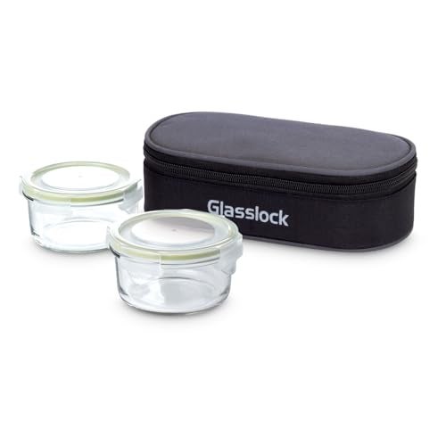 Glasslock Korea Tempered Glass Lunch Box For Office Use - Round, 400Ml, Set Of 2 - Airtight Glass Tiffin Box With Carry Bag For Office For Men & Women - Microwave/Dishwasher/Fridge/Freezer Safe - Image 1