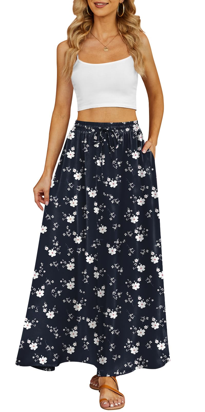 Yincro Women's Flowy Maxi Skirt Summer Pleated High Waisted Casual Long Skirts with Pockets (White Ditsy Floral, M) - Image 2