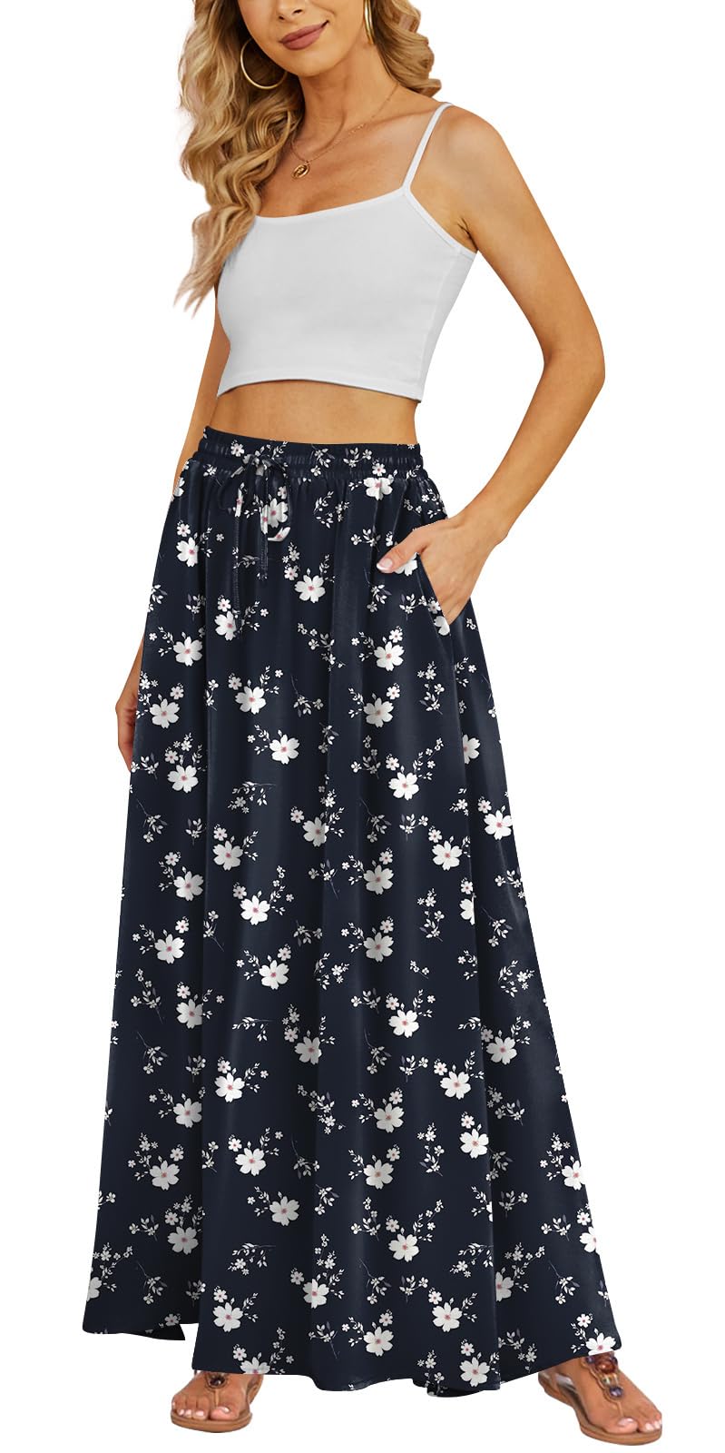 Yincro Women's Flowy Maxi Skirt Summer Pleated High Waisted Casual Long Skirts with Pockets (White Ditsy Floral, M) - Image 1