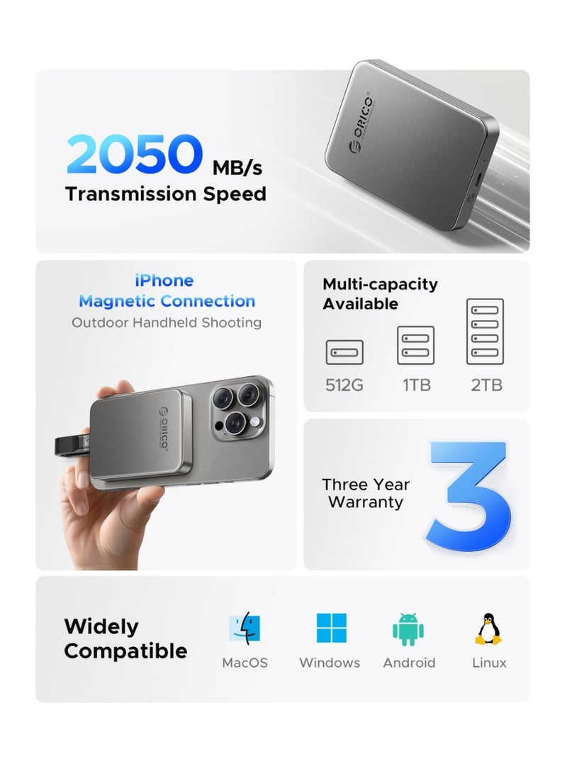 Orico ORICO 256GB Magnetic External SSD, 4K ProRes HDR Record and Store, USB3.1 Gen2(1000MB/s), USB3.2 Gen2*2(2000MB/s), Portable Solid State Drive, Compatible with USB-C Smartphone, Computer - K5PLUS - Image 3