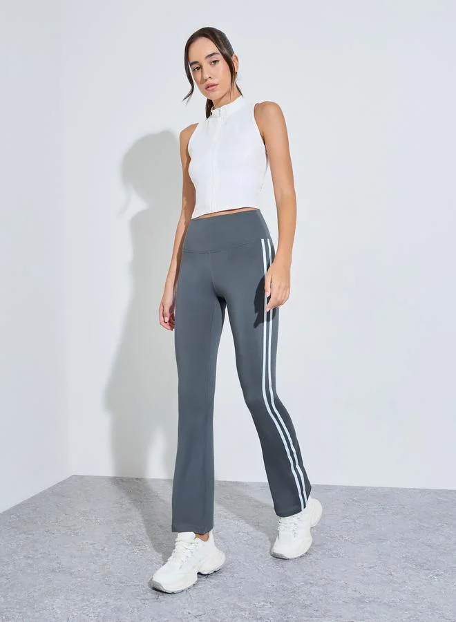ستايلي اكتيف Charcoal Logo Dual Stripe Broad Waistband Flared Leggings