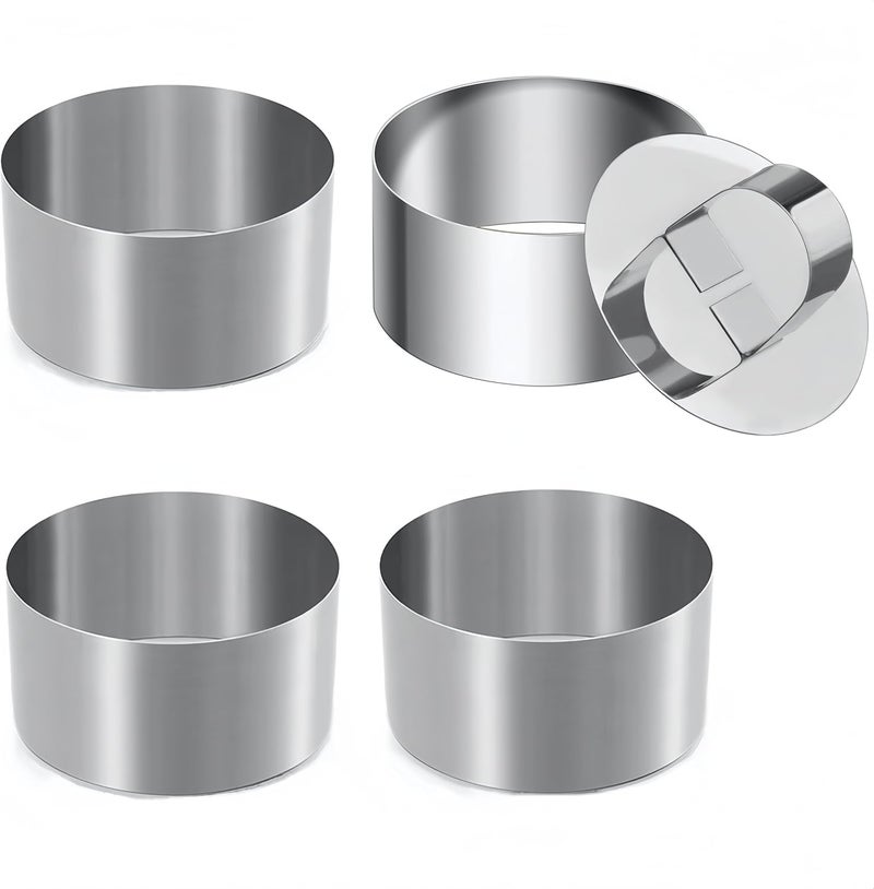 CINBILCORN 4 Pcs Round Ring Mold for Cooking,Stainless Steel 3 inch Food Molds with 1 Pusher for Cake Dessert Mousse Tuna Tartare - Image 1