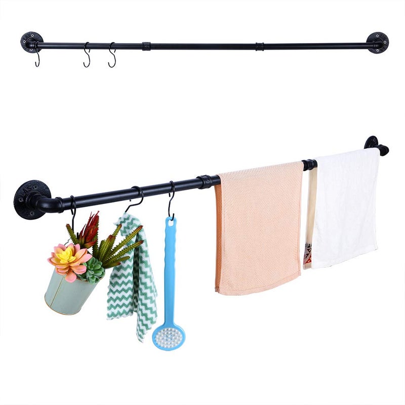 Industrial Pipe Towel Bar Rack 504 Inch Black Towel Rod with 3 Hooks Wall Mount Bath Towel Rack Holder Rustic Bathroom Hardware Towel Bar Accessory