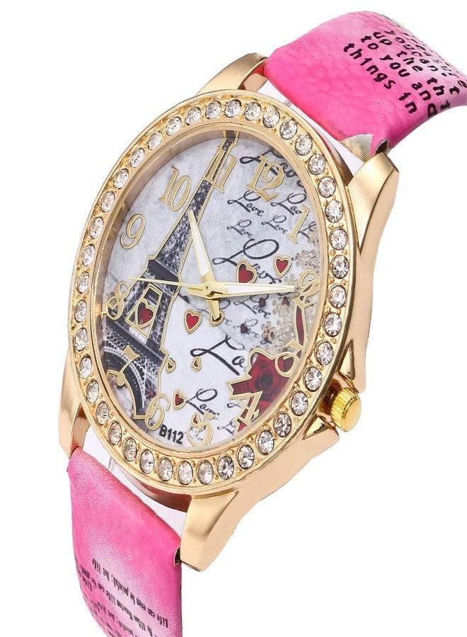 CdyBox Wholesale PU Leather Strap Watch Mother Day Gift Bling Rhinestone Accented Eiffel Tower Ladies Women Watches (Pink) - Image 3