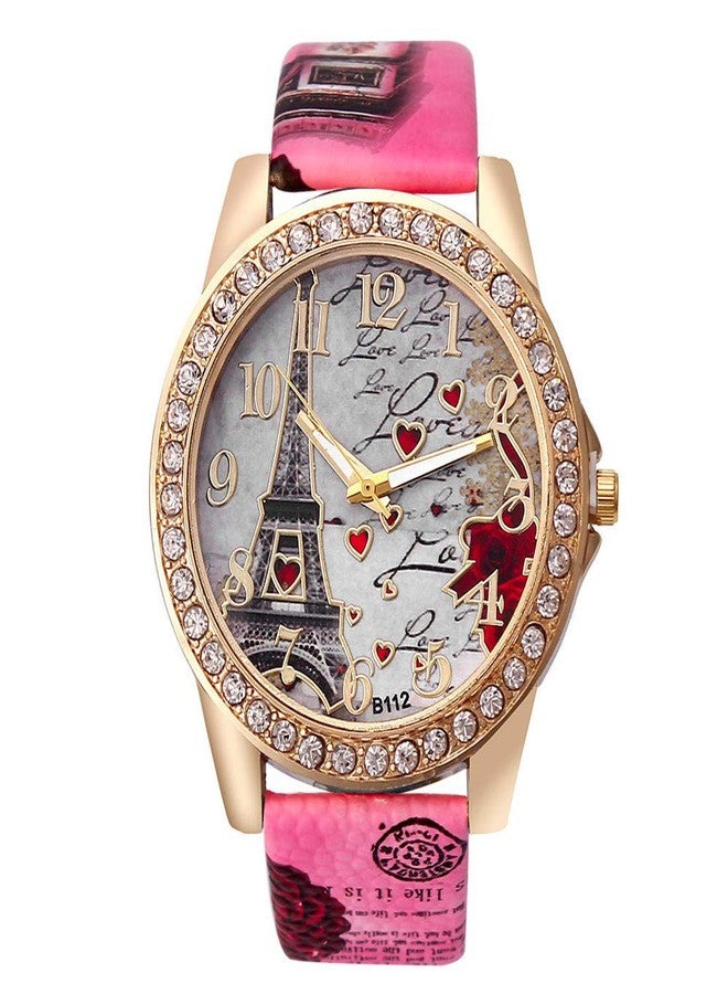 CdyBox Wholesale PU Leather Strap Watch Mother Day Gift Bling Rhinestone Accented Eiffel Tower Ladies Women Watches (Pink) - Image 2