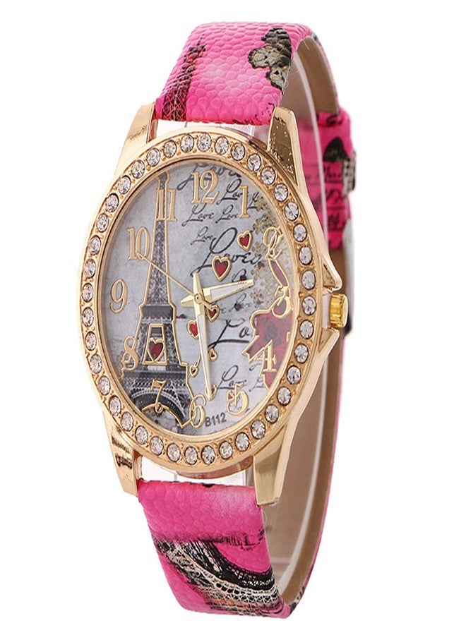 CdyBox Wholesale PU Leather Strap Watch Mother Day Gift Bling Rhinestone Accented Eiffel Tower Ladies Women Watches (Pink) - Image 1