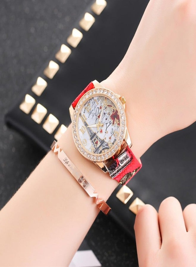 CdyBox Wholesale PU Leather Strap Watch Mother Day Gift Bling Rhinestone Accented Eiffel Tower Ladies Women Watches (Pink) - Image 5