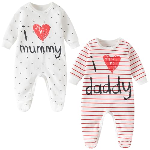 aomomo Baby Clothes Newborn Bodysuits I Love Daddy Mummy Romper Set, Cotton Footed Pajamas for Baby Boys and Girls (3-6 Months) - Image 1