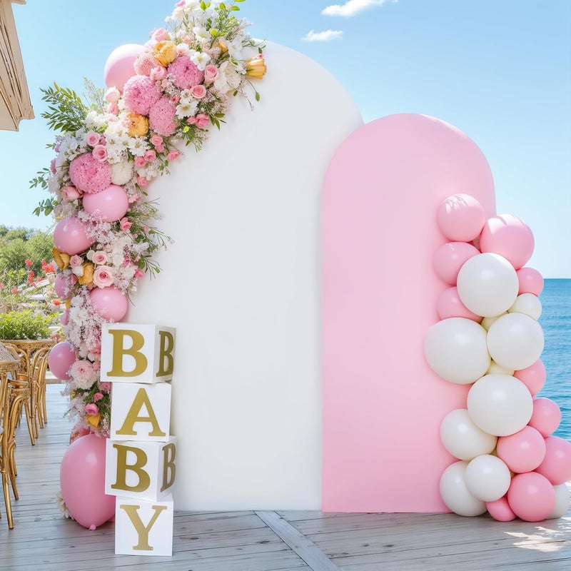 Suppromo White Pink Arch Cover Set of 2-7.2 and 6ft Arch Backdrop Cover Spandex Wedding Arch Stand Covers for Bridal Shower Baby Shower Girls Birthday Party Banquet Photo Arch Covers Stretchy Backdrop - Image 1