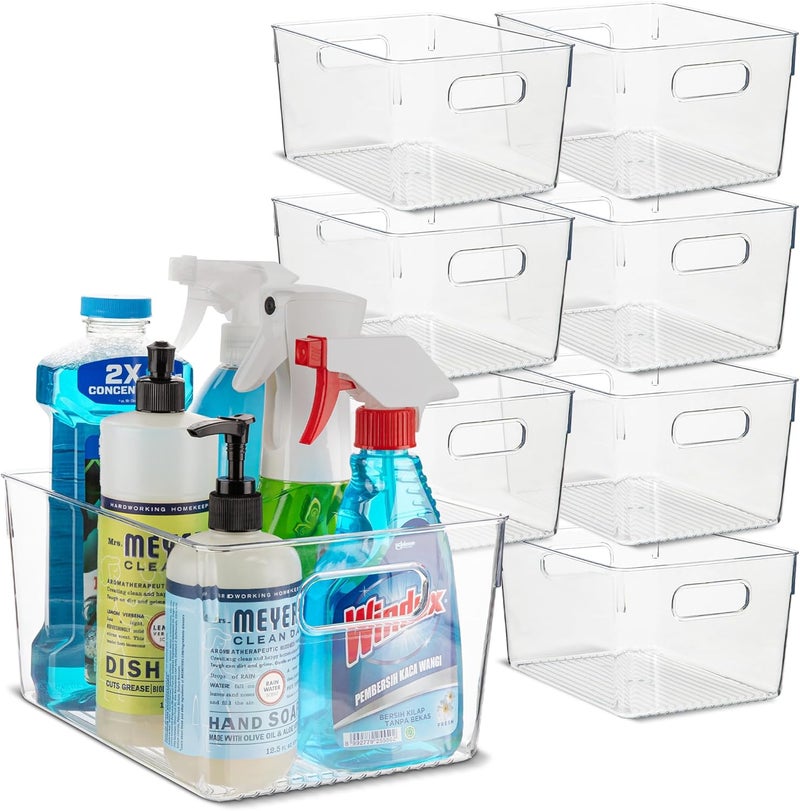 PrimeBox Plastic Food Storage 8 Pack Clear Container Bin with Handles for Organizing Kitchen, Pantry, Refrigerator, Freezer, Pantry, Cabinet, Closet, Bathroom. 10”x7.5”x5.3” - Image 1