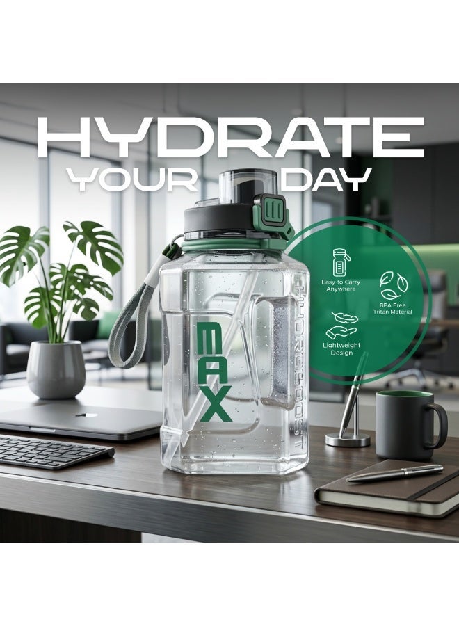 TR6 زجاجة مياه رياضية كبيرة TR6 Hydro Boost سعة 2200 مل مزودة بقشة ومقبض ومانعة للتسرب وخالية من مادة BPA وعلامة قياس وفم واسع للاستخدام في صالة الألعاب الرياضية والمكتب والاستخدام الخارجي، لون أسود شفاف (أسود) - Image 2