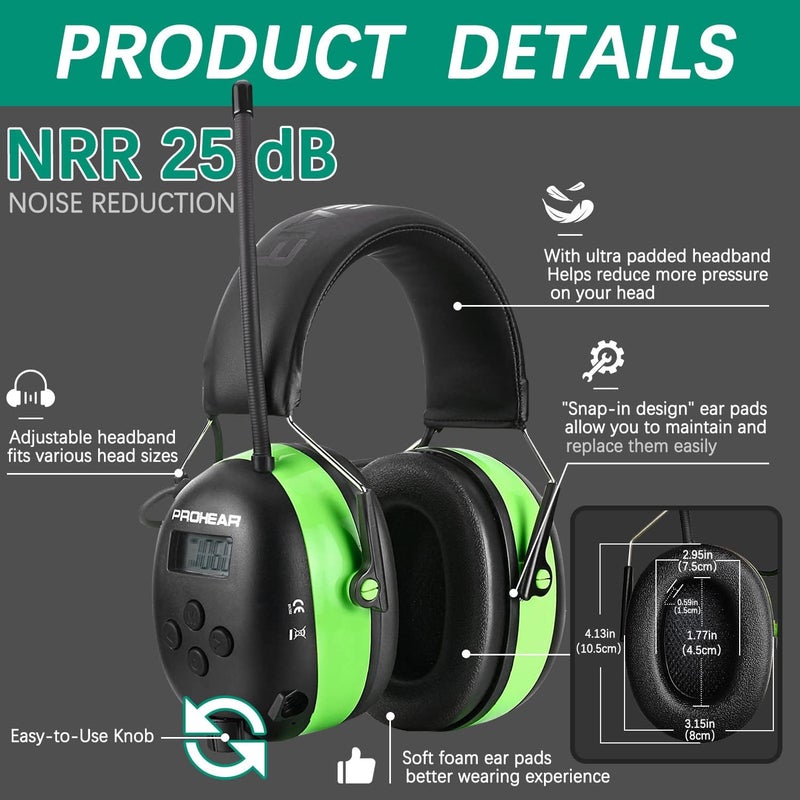 PROHEAR 033 Upgraded 5.4 Bluetooth Hearing Protection AM FM Radio Headphones, Noise Reduction Safety Earmuffs with Rechargeable 2000mAH Battery, 31dB SNR Ear Protector for Mowing Lawn,Gifts for Father - Image 4