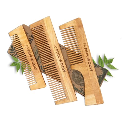 Pink Woolf Wooden Comb Set of 3 – Neem Wooden Hair Comb for Women & Men, Wide Tooth & Fine Teeth Anti Static Hair Comb, Natural Katchhi Neem Wood Grooming Comb, Pack Of 3 Wood Combs - Image 1